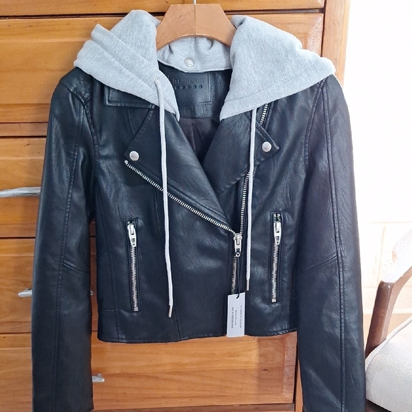 Blank NYC Jackets & Blazers - Black Leather Jacket with Gray Hood
